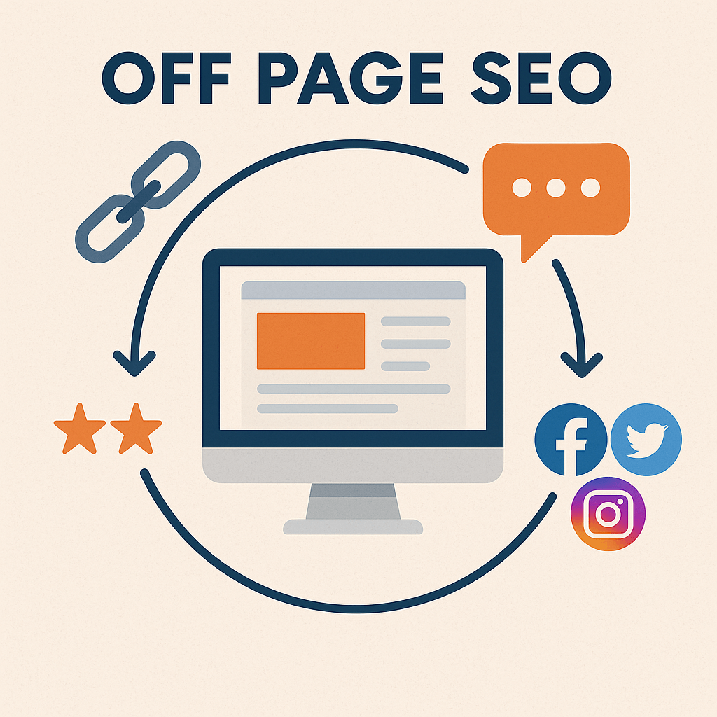 Off Page SEO illustration showing backlinks, social media signals, and brand mentions improving website authority